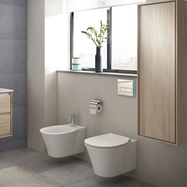 Ideal Standard Set hängender Sanitäranlagen, AquaBlade® WC mit Schnellverschluss-Sitz, ohne Soft-Close, Einloch-Bidet mit Überlauf, Weiß, glänzende Ausführung CONNECT AIR E008201-E026601