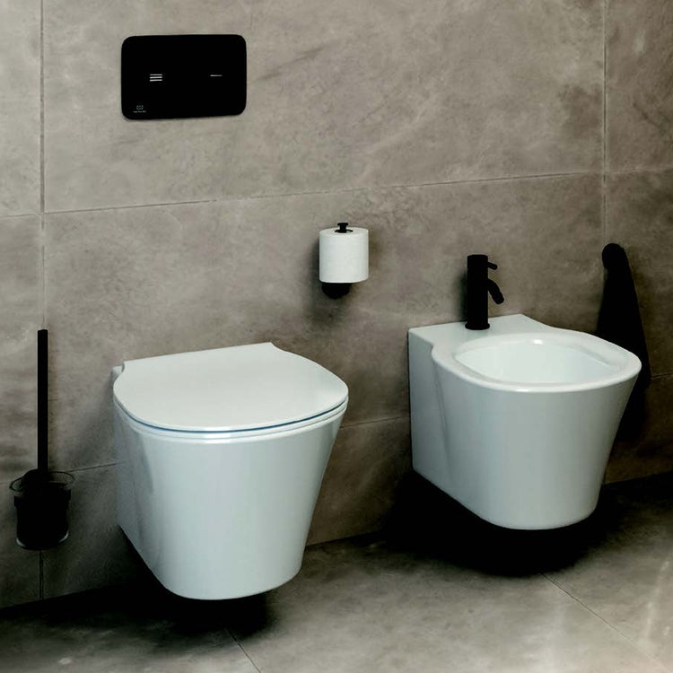 Ideal Standard Set hängender Sanitäranlagen, AquaBlade® WC mit Schnellverschluss-Sitz, mit langsamer Absenkung, Einloch-Bidet mit Überlauf, Weiß glänzende Oberfläche CONNECT AIR E233501-E008701