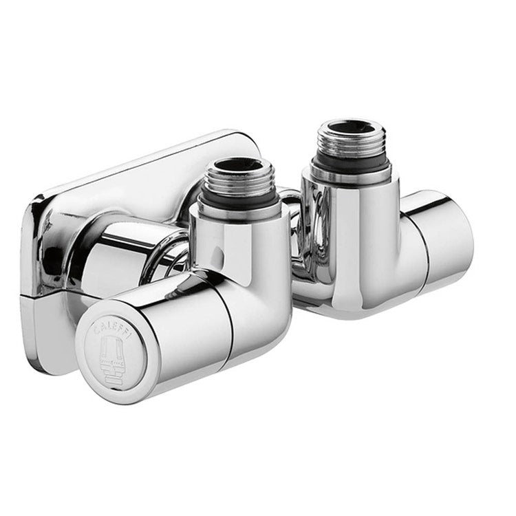 Caleffi High-Style-Ventilpaar mit Doppelwinkel für Heizkörper, Ausführung links mit mittigem Anschluss, Farbe Weiß 400410