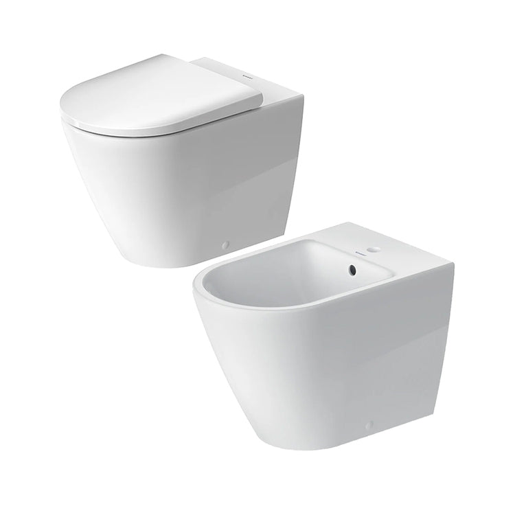 Duravit Komplett-Set Bodentoilette, Wand-WC ohne Rand mit Soft-Close-Sitz und Einloch-Bidet, Weiß, glänzende Ausführung D-NEO 2003090000+0021690000+2295100000