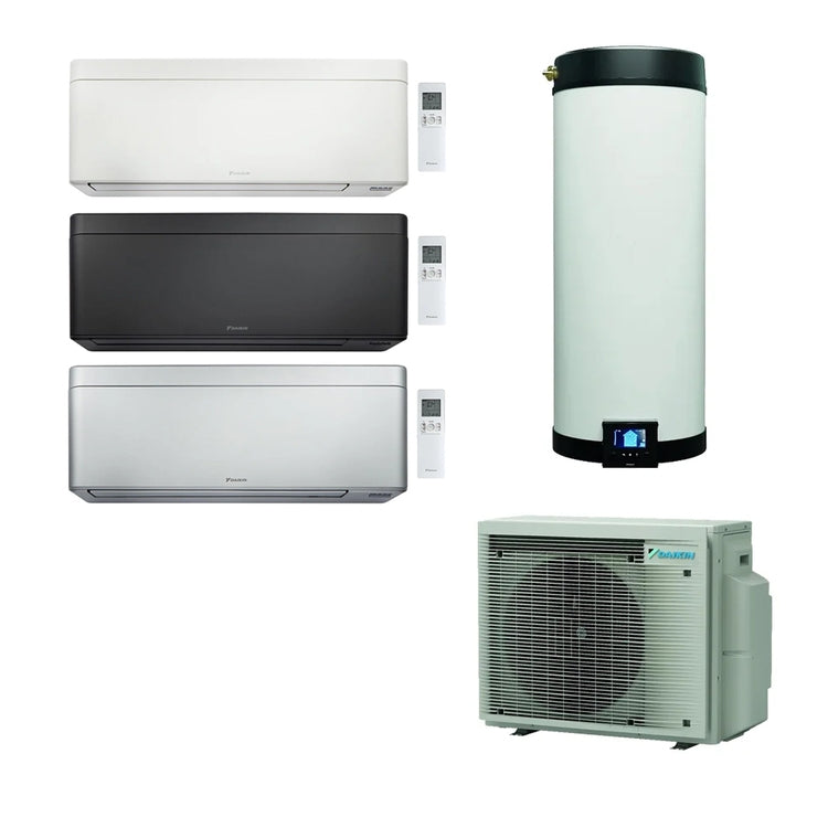 Daikin Multi+ System für Kühlung, Heizung und Warmwasser mit 120-Liter-Tank, Außengerät 5,2 kW, Innengeräte 5000+5000+12000 4MWXM52A+EKHWET120BV3+CTXA15CW+CTXA15CB+FTXA35CS