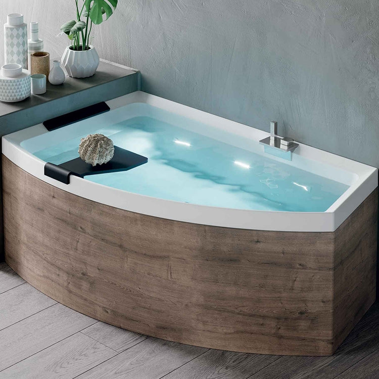Novellini Eck-Whirlpool-Badewanne asymmetrisch L. 165 H. 63 T. 90 cm, Ausführung links, Schale in Weiß Hochglanz, äußere Paneele in Burlington-Holzoptik, Armaturen in verchromt DIVINA O DI416594OS2-A1N