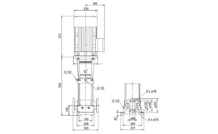 GRUNDFOS Vertikale Mehrstufige Kreiselpumpe CRE 45-1 Art. 96123395