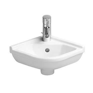 Duravit Eck-Waschtisch 43 cm mit einem Loch, mit Überlauf, mit Hahnlochbank, untere Seite emailliert, Weiß STARCK 0752440000