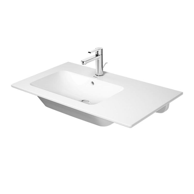 Duravit Asymmetrisches Konsolenwaschbecken 83 cm Einzelbohrung, mit Überlauf, mit Hahnlochbank, Becken links, Weiß ME BY STARCK 2345830000
