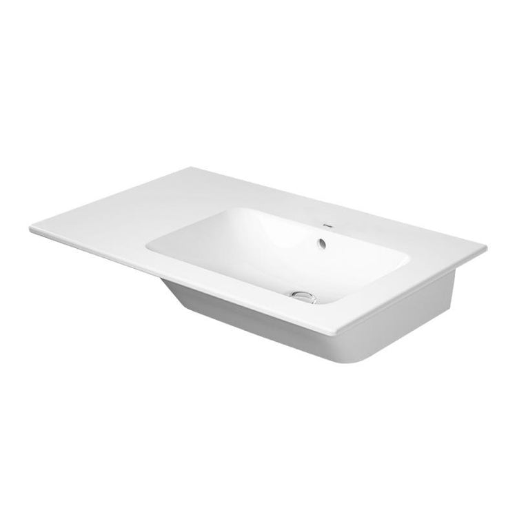 Duravit Asymmetrisches Konsolenwaschbecken 83 cm ohne Loch für Armatur, mit Überlauf, mit Armaturenrand, Becken rechts, Weiß ME BY STARCK 2346830060
