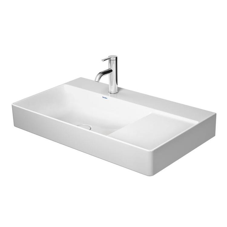 Duravit Asymmetrisches Konsolenwaschbecken 80 cm Einlochbohrung, ohne Überlauf, mit Kanten für Armaturen, Becken links, untere Seite emailliert, Weiß DURASQUARE 2348800041