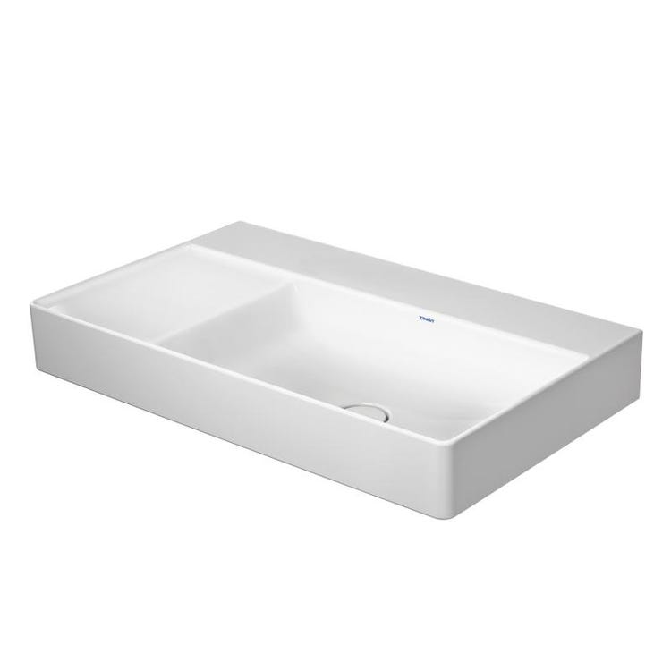 Duravit Asymmetrisches Konsolenwaschbecken 80 cm, ohne Hahnloch, ohne Überlauf, mit Rand für Armatur, Becken rechts, Weiß DURASQUARE 2349800079