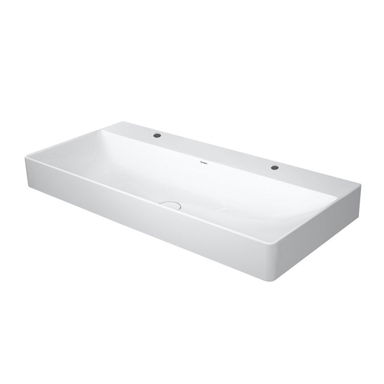 Duravit Konsolenwaschbecken 100 cm mit 2 Hahnlochbohrungen, ohne Überlauf, mit Rand für Armatur, Unterseite emailliert, Weiß DURASQUARE 2353100043