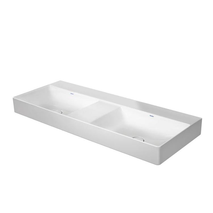 Duravit Doppel-Konsolenwaschbecken 120 cm ohne Armaturenloch, ohne Überlauf, mit Armaturenrand, untere Seite emailliert, Weiß DURASQUARE 2353120070
