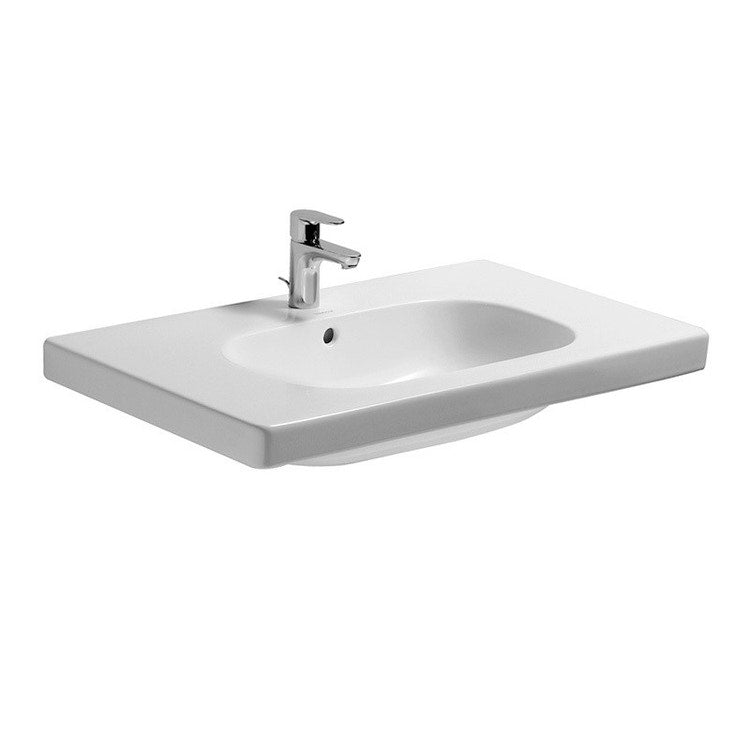 Duravit Konsolenwaschbecken 85 cm Einloch, mit Überlauf und Rand für Armaturen, Unterseite emailliert, Weiß D-CODE 03428500002