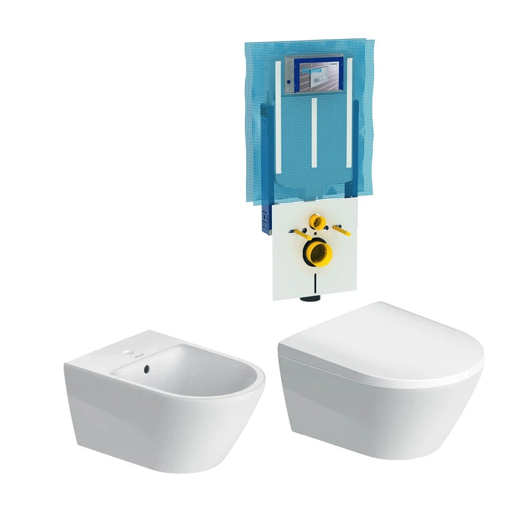 Duravit Komplettset hängende Sanitäranlagen, WC mit absenkbarem Sitz und Einloch-Bidet, Weiß, glänzende Oberfläche, Combifix Installationsmodul für Massivwand D-NEO 111.016.00.1C-D-NEO