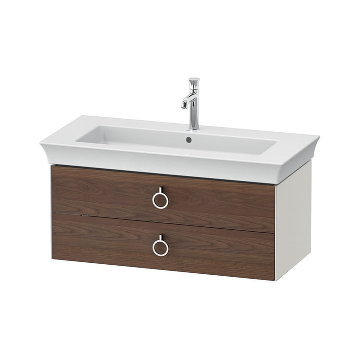 Duravit Hängende Unterschrank-Basis L. 98,4 cm, mit 2 Schubladen und Ausschnitt für den Siphon und Siphonabdeckung, Front in massiv amerikanischer Nussbaum-Finish, Korpusfarbe Nordic Weiß matt WHITE TULIP WT435207739