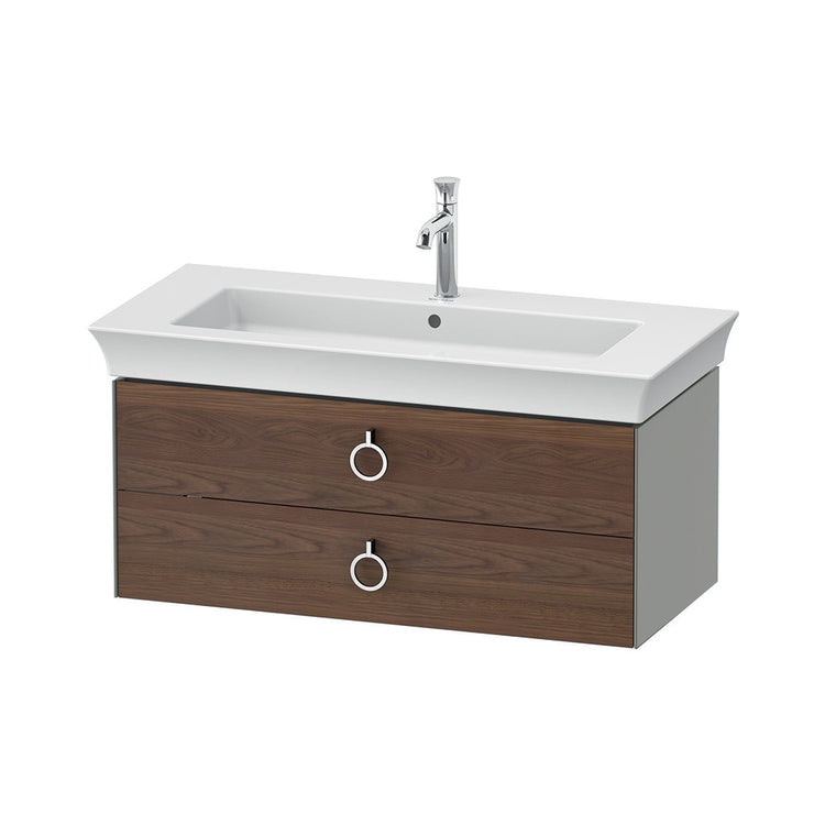 Duravit Hängendes Unterbau-Waschtisch-Unterschrank L. 98,4 cm, mit 2 Schubladen und Ausschnitt für den Siphon und Siphonabdeckung, Front Massivholz Amerikanische Nussbaum-Finish, Korpusfarbe Stein Grau mattes Finish WHITE TULIP WT435207792