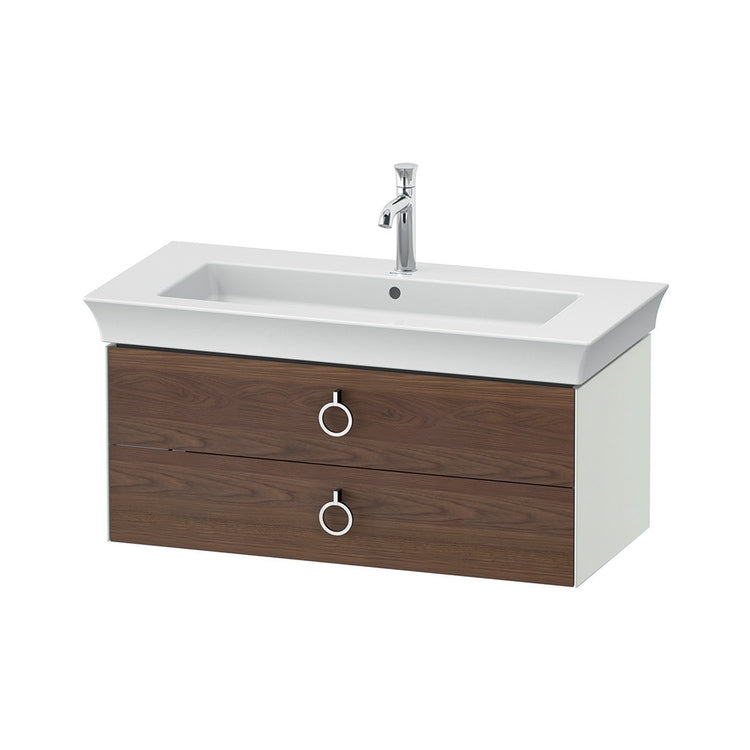 Duravit Hängender Unterschrank L. 98,4 cm, mit 2 Schubladen und Ausschnitt für das Siphon sowie Siphonabdeckung, Front in amerikanischer Nussbaum-Massivholzoptik, Korpus in Weiß matt WHITE TULIP WT435207736