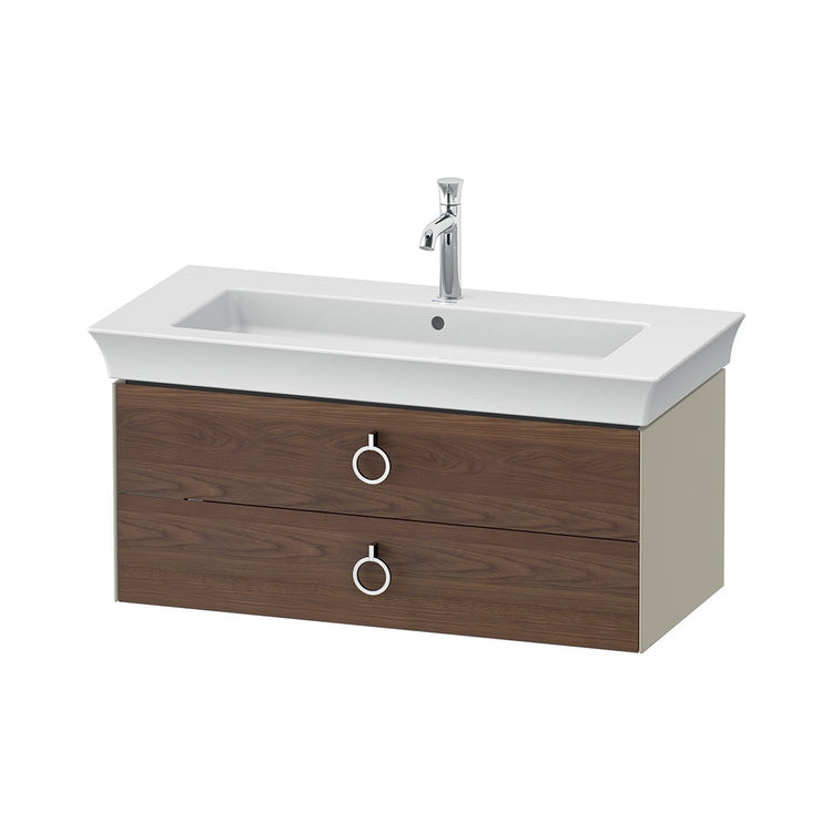 Duravit Hängende Unterschrank-Basis L. 98,4 cm, mit 2 Schubladen und Ausschnitt für den Siphon und Siphonabdeckung, Front in massiv amerikanischer Nussbaum-Finish, Korpusfarbe Taupe, glänzende Ausführung WHITE TULIP WT4352077H3