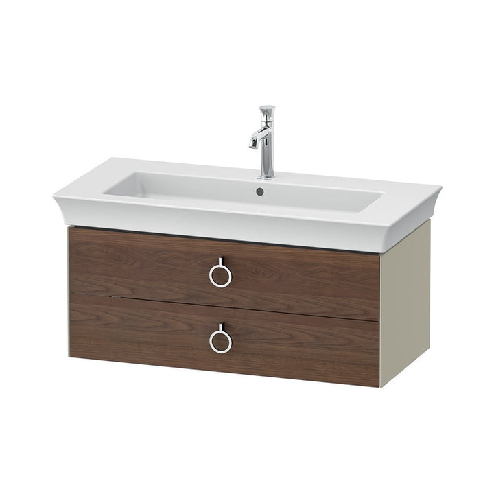 Duravit Hängende Unterschrank-Basis L. 98,4 cm, mit 2 Schubladen und Ausschnitt für den Siphon und Siphonabdeckung, Front in massiv amerikanischer Nussbaum-Finish, Korpusfarbe Taupe, glänzende Ausführung WHITE TULIP WT4352077H3