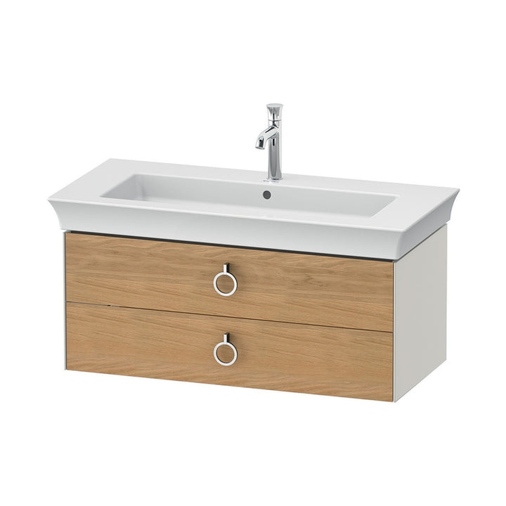 Duravit Hängendes Unterbau-Waschtisch-Unterschrank L. 98,4 cm, mit 2 Schubladen und Ausschnitt für den Siphon und Siphonabdeckung, Front Massivholz-Eichenoberfläche natur, Korpusfarbe Weiß Nordic, matte Oberfläche WHITE TULIP WT43520H539