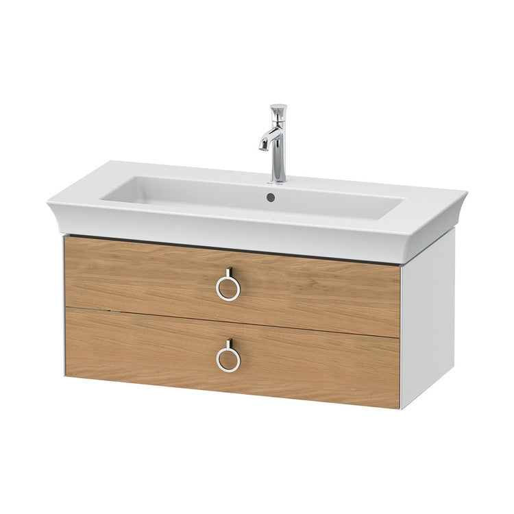 Duravit Hängender Unterschrank L. 98,4 cm, mit 2 Schubladen und Aussparung für den Siphon und Siphonabdeckung, Front in Massivholz-Eiche natur, Korpusfarbe Weiß glänzende Oberfläche WHITE TULIP WT43520H585