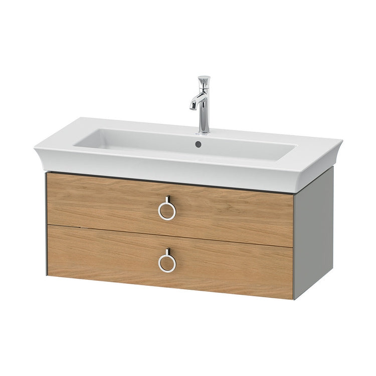 Duravit Hängendes Unterwaschbecken-Unterschrank L. 98,4 cm, mit 2 Schubladen und Ausschnitt für den Siphon und Siphonabdeckung, Front Massivholz-Eichenoberfläche natur, Korpusfarbe Steingrau, matte Oberfläche WHITE TULIP WT43520H592