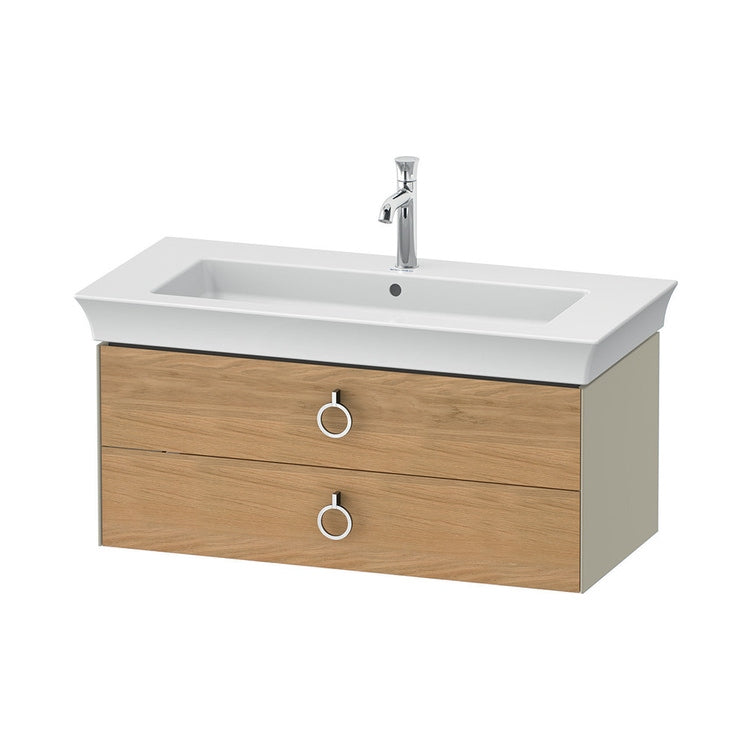 Duravit Hängendes Unterbau-Waschbecken L. 98,4 cm, mit 2 Schubladen und Ausschnitt für das Siphon und Siphonabdeckung, Front in massivem Natur-Eichen-Finish, Korpusfarbe Taupe, glänzende Ausführung WHITE TULIP WT43520H5H3