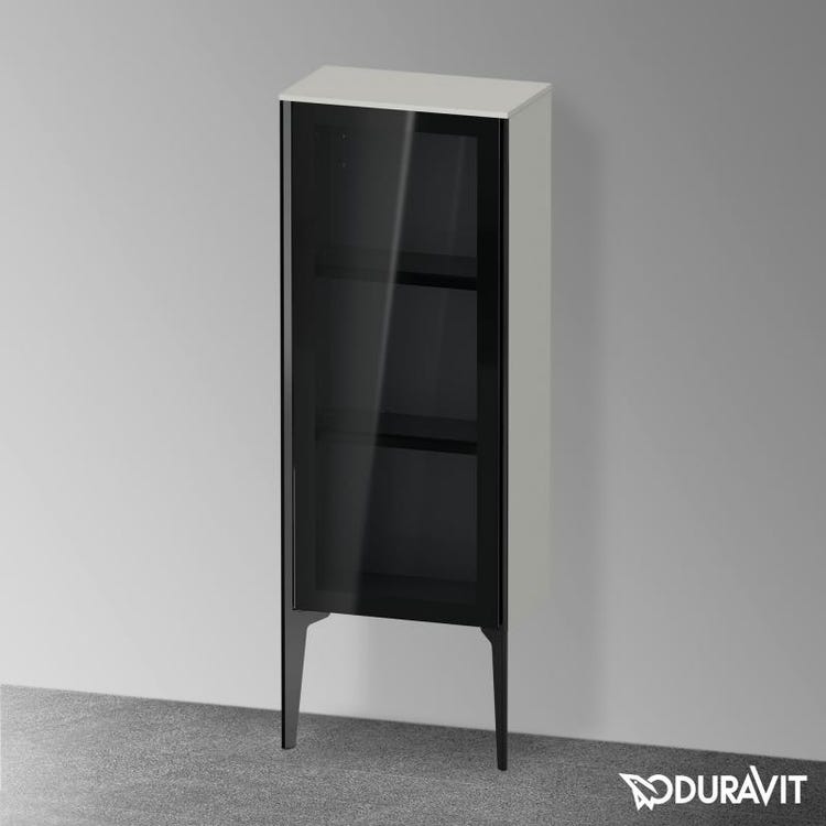 Duravit Niedrige Säule bodenstehend H. 89 cm mit Glastüren, Scharnier rechts, matt schwarzes Profil, Farbe Beton Grau mattes Finish XVIU XV1360RB207