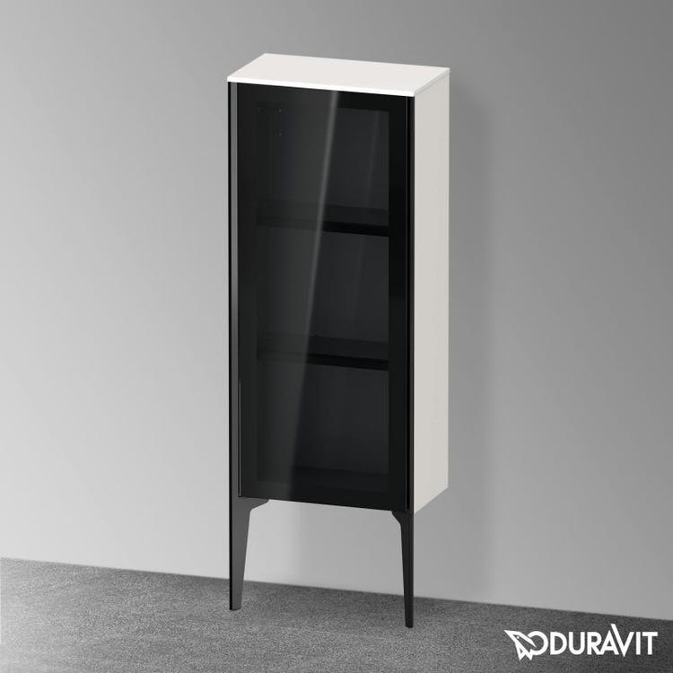 Duravit Niedrige Standkolumne H. 89 cm mit Glastüren, linkes Scharnier, matt schwarzes Profil, Weiß, glänzende Oberfläche XVIU XV1360LB222