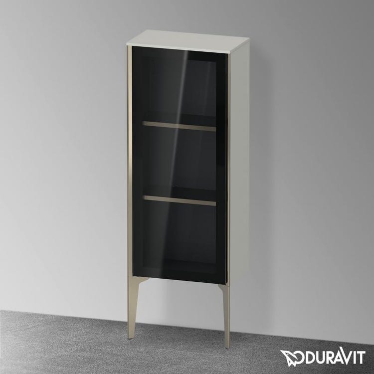 Duravit Niedrige Säule bodenstehend H. 89 cm mit Glastüren, Scharnier links, matt champagnerfarbener Rahmen, Cementgrau Farbe, matte Oberfläche XVIU XV1360LB107