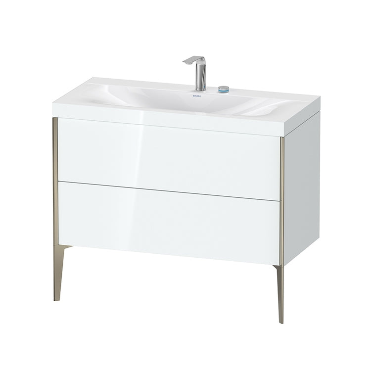 Duravit Konsolen-Waschtisch c-bonded, mit bodenstehendem Unterschrank 100 cm, Profilfarbe Champagne, Konsolen-Waschtisch Viu inklusive, ohne Überlauf, mit Hahnlochbank, Weiß, glänzende Ausführung XVIU XV4711EB185C