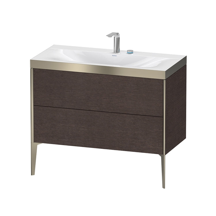 Duravit Konsolenwaschbecken c-bonded, mit bodenstehendem Unterschrank 100 cm, Profil in Champagnerfarbe, Konsolenwaschbecken Viu inklusive, ohne Überlauf, mit Hahnlochbank, Oberfläche dunkles gebürstetes Eichenholz XVIU XV4711EB172P