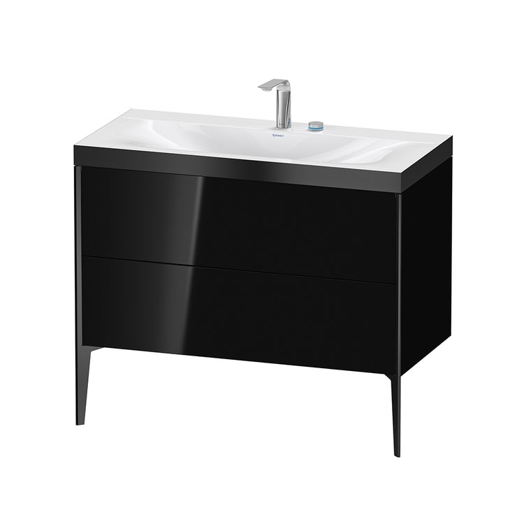 Duravit Konsolenwaschbecken c-bonded, mit bodenstehendem Unterbau 100 cm, Profilleiste in Schwarz, Konsolenwaschbecken Viu inklusive, ohne Überlauf, mit Hahnlochbank, Farbe Schwarz, glänzende Ausführung XVIU XV4711EB240P