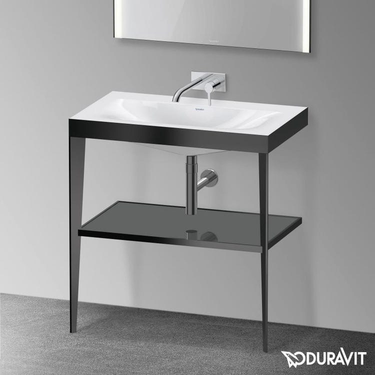 Duravit Metallgestell 80 cm schwarz matt, Glasablage in Flanellgrau glänzend, Konsolenwaschbecken c-bonded XVIU XV4715NB289