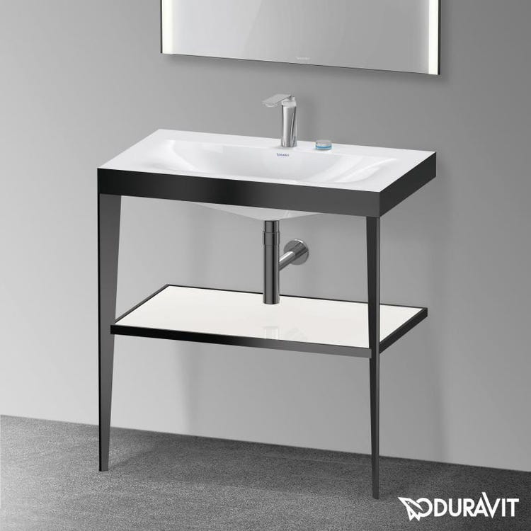 Duravit Metallgestell 80 cm schwarz matt, Glasablage weiß glänzend, Konsolenwaschbecken c-bonded zwei Löcher XVIU XV4715EB285