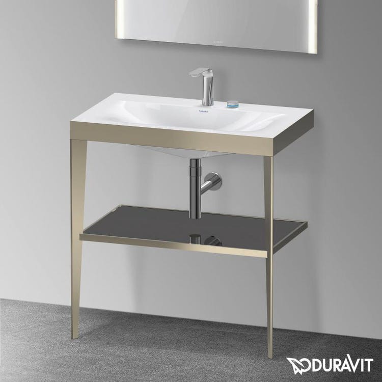 Duravit Metallstütze 80 cm Farbe Champagner matt, Glasablage Farbe Schwarz glänzend, Konsolen-Waschtisch c-bonded zwei Löcher XVIU XV4715EB140