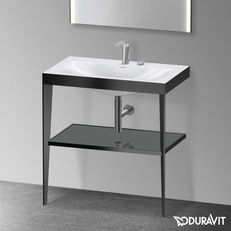Duravit Metallstütze 80 cm Farbe schwarz matt, Glasablage Farbe Flanellgrau glänzend, Konsolenwaschbecken c-bonded zwei Löcher XVIU XV4715EB289