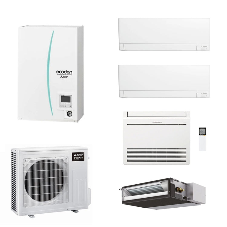Mitsubishi System für Kühlung, Heizung und Warmwasser Hydrobox Small, Außengerät 8,5 kW, Innenraumgeräte kanalfähig 9000, Boden 9000 und Wand 9000+9000 ECODAN MULTI COMFORT PXZ-5F85VG+2xMSZ-AY25VGKP+SEZ-M25DA2+MFZ-KT25VG