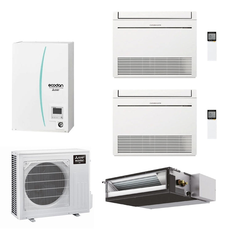 Mitsubishi System zur Kühlung, Heizung und Warmwasserversorgung Hydrobox Small, Außengerät 7,5 kW, Innenräume kanalfähig 12000 und Fußboden 9000+9000 ECODAN MULTI COMFORT PXZ-4F75VG+SEZ-M35DA2+MFZ-KT25VG+MFZ-KT25VG