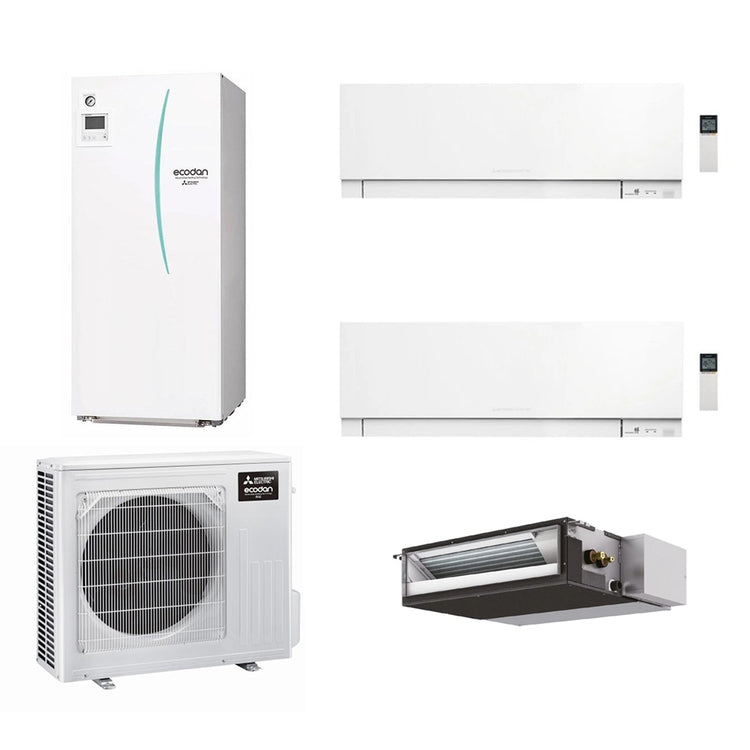 Mitsubishi System für Kühlung, Heizung und Warmwasser Hydrotank Small 170 l, Außengerät 7,5 kW, Innengeräte Split 18000 und Wand 5000+5000 ECODAN MULTI COMFORT PXZ-4F75VG+SEZ-M50DA2+2xMSZ-EF18VGKW+ERST17D-VM2E