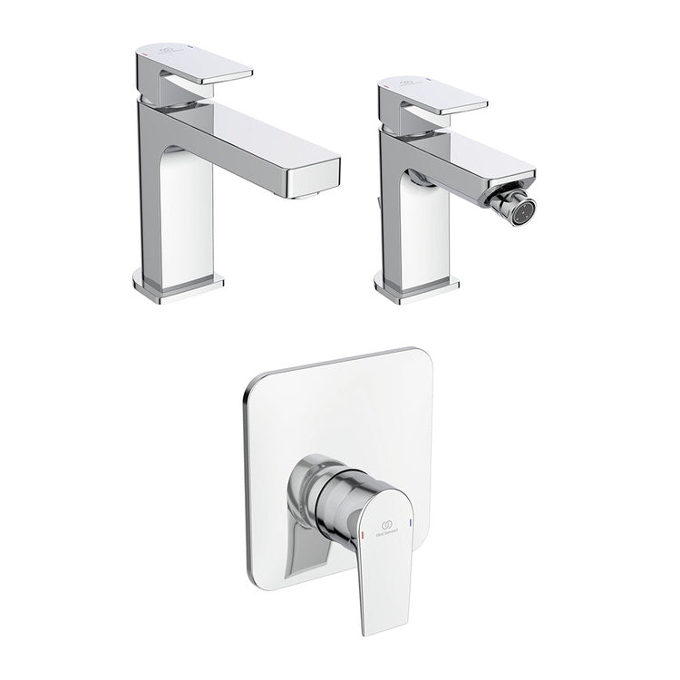 Ideal Standard Armaturen-Set mit Einhebel-Waschtischmischer ohne Ablauf, Bidetmischer mit Ablauf, Einhebel-Unterputzduscharmatur und Unterputzkörper, Chromoberfläche EDGE SETED004