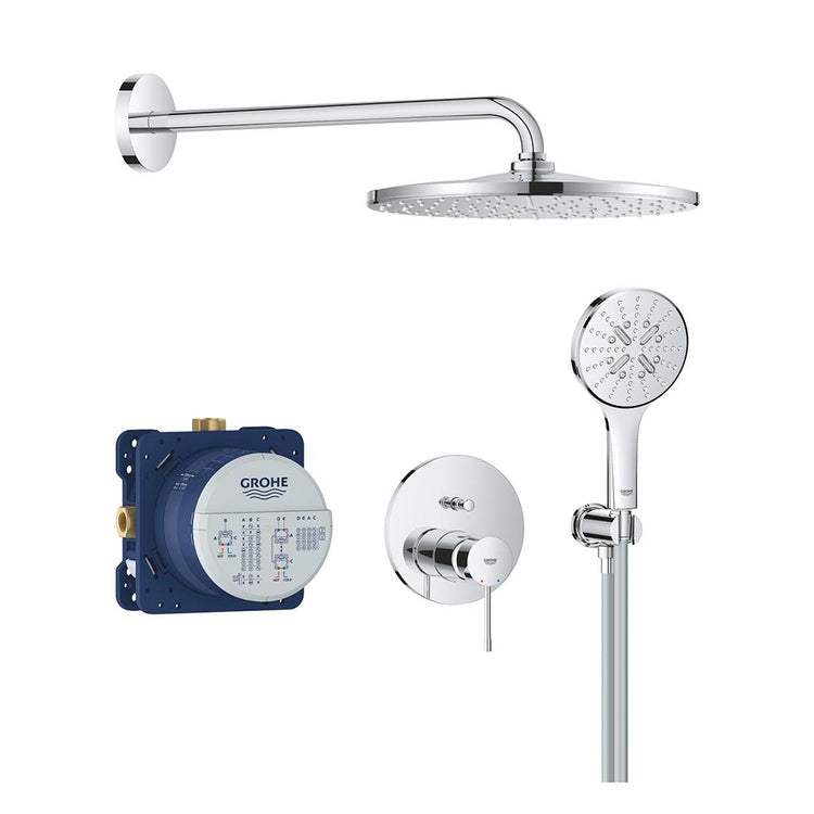 Grohe Duschset bestehend aus Einhandmischer 2-Wege, Umsteller, Einbaukörper, runder Kopfbrause Ø 31 cm, Wandarm, Handbrause mit 3 Strahlarten, Auslaufanschluss mit Halterung und 150 cm Schlauch, Chromoberfläche ESSENCE 25287000