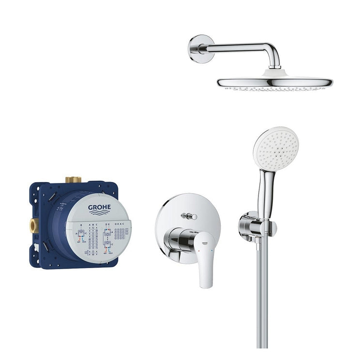 Grohe Duschset mit Tempesta 250 bestehend aus Einhebelmischer mit Umsteller, Einbaukörper, Duschkopf Ø 25 cm, Wandarm, Tempesta-Handgriff, Auslaufanschluss und 150 cm Schlauch, Chromoberfläche EUROSMART 25288000