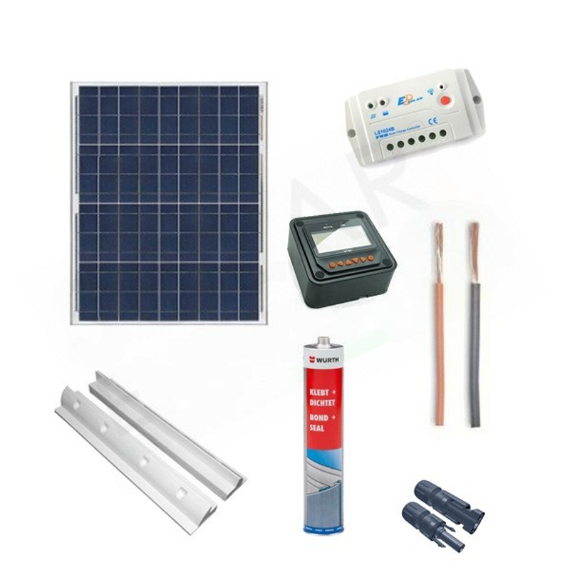 Solar-Kit CAMPER PLUS SOLAR-KIT 50W 12V – 50W-MODUL / 10A-PWM-REGLER / FIS-ZUBEHÖR