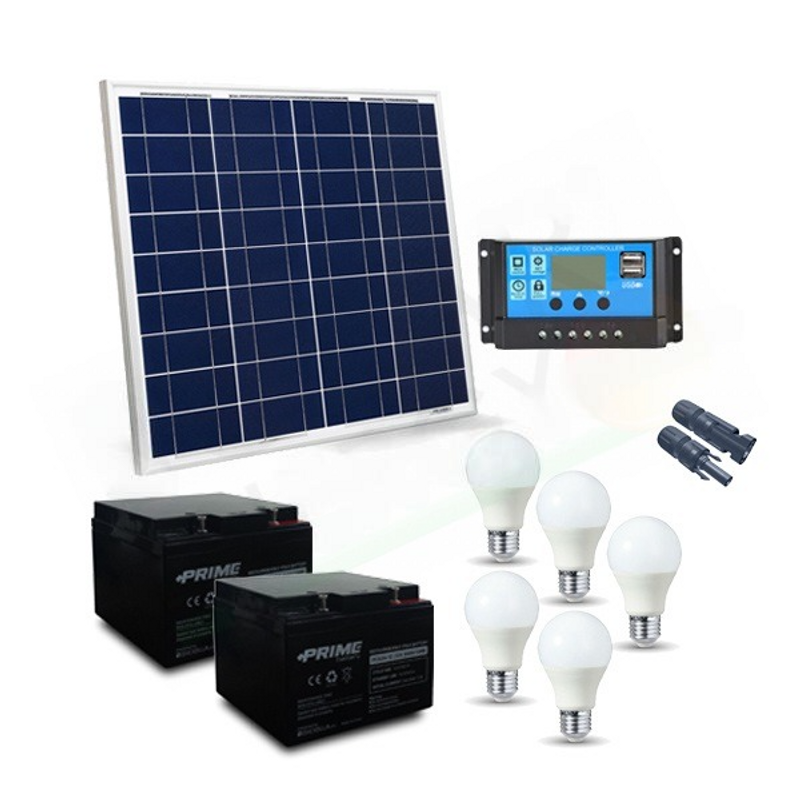 Solar-Kit SOLAR-BELEUCHTUNGSSATZ 50W 12V FÜR INNENRAUM 5 LED-LAMPEN - 5 STUNDEN AUTONOMIE