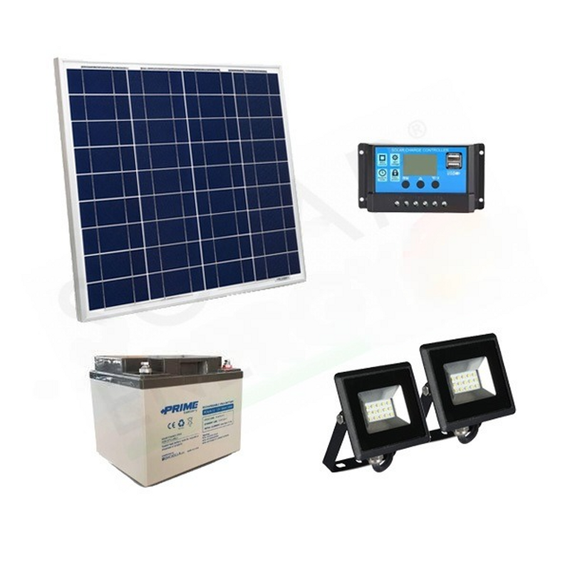 Solar-Kit SOLAR-BELEUCHTUNGSSATZ 50 W 12 V FÜR DEN AUSSENBEREICH 2 LED-STRAHLER – 8 STUNDEN AUTONOMIE