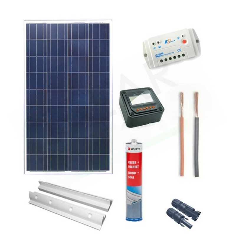 Solar-Kit CAMPER PLUS SOLAR-KIT 100W 12V – 100W-MODUL / 10A-PWM-REGLER / ZUBEHÖR F