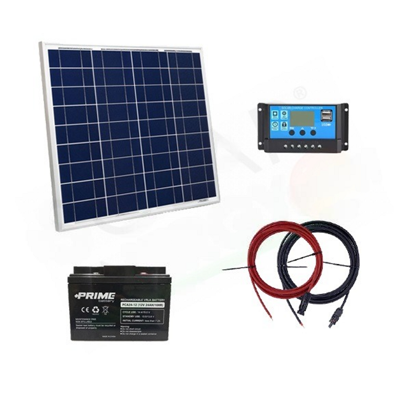 SOLAR-KIT PRO 50W 12V – 50W-MODUL / 10A-REGLER / 24AH-BATTERIE / KABEL