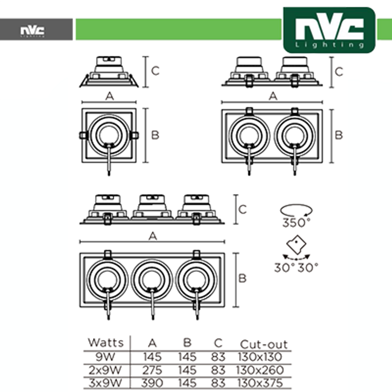 Incasso Multi-Einbauleuchte – 27 W (3 x 9 W), 3000 K, 2160 lm > 24°