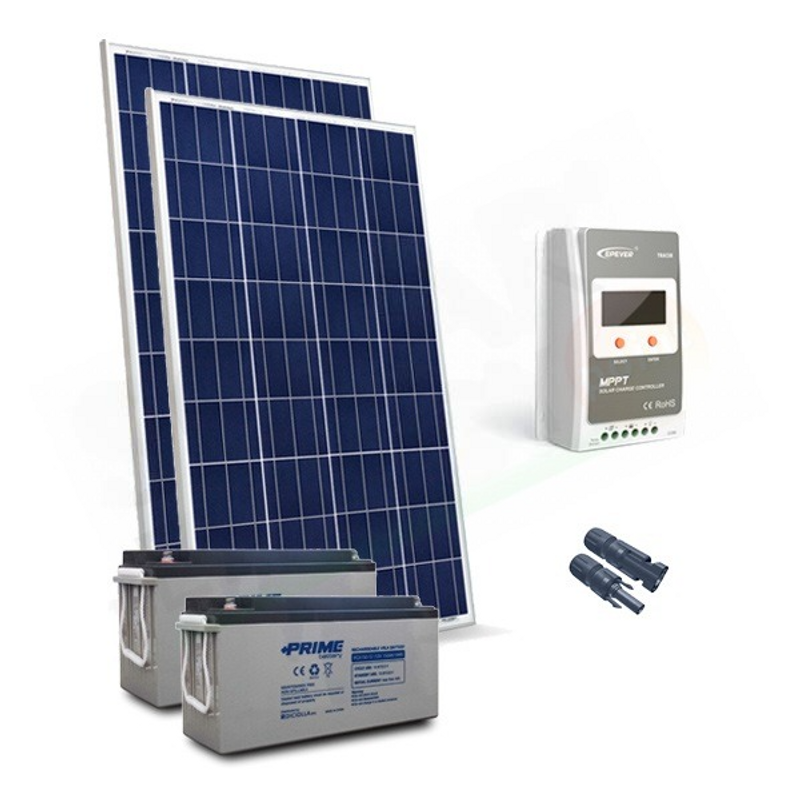 SOLAR-KIT FÜR VIDEOÜBERWACHUNG 300 W 12 V – 2 MODULE 150 W / REGLER 30 A / 2 B