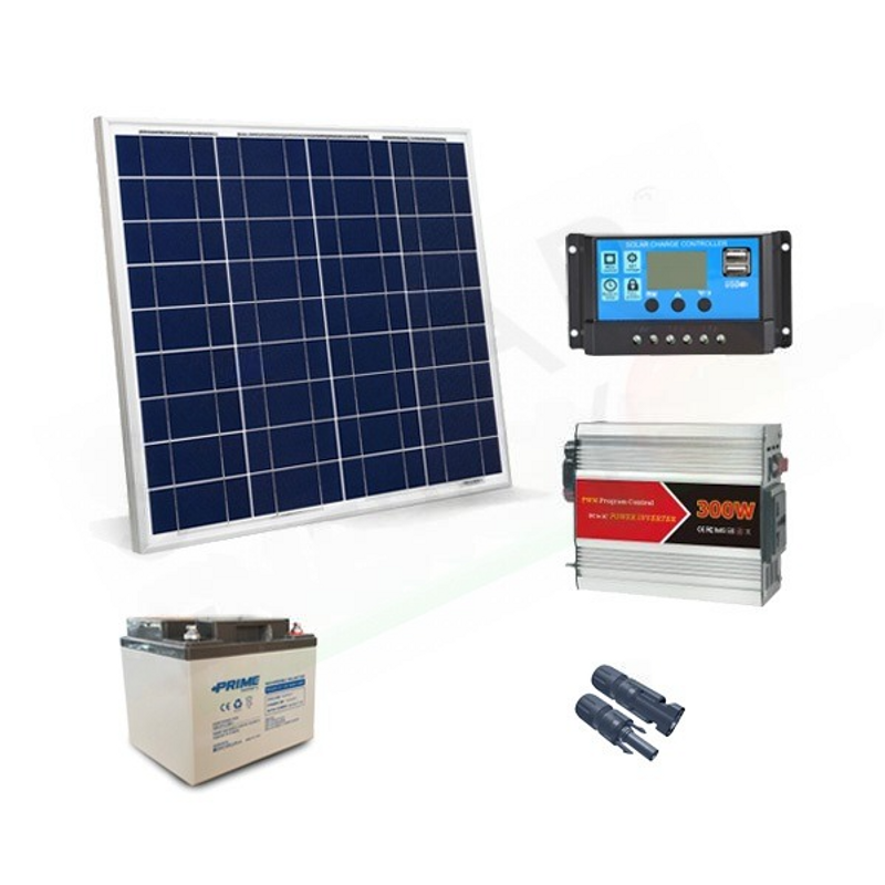 SOLAR-KIT PLUS 50W 12V – 50W-MODUL / 10A-PWM-REGLER / 300W-WECHSELRICHTER / BATT