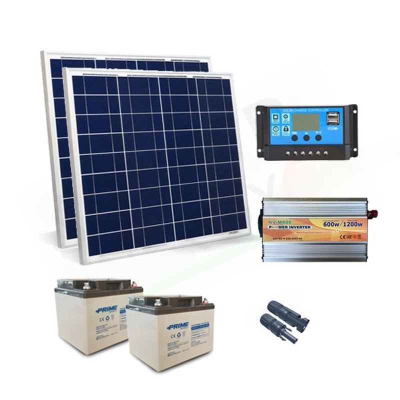SOLAR-KIT PLUS 100W 24V – 100W-MODULE / 10A-PWM-REGLER / 600W-WECHSELRICHTER / 2
